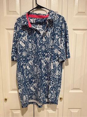 Men's Navy Floral Polo with Pink Contrast Trim